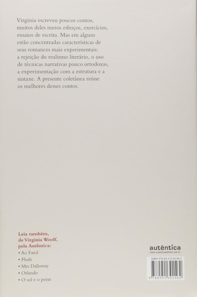 Contra-capa de livro com texto em português sobre Virginia Woolf e código ISBN na parte inferior