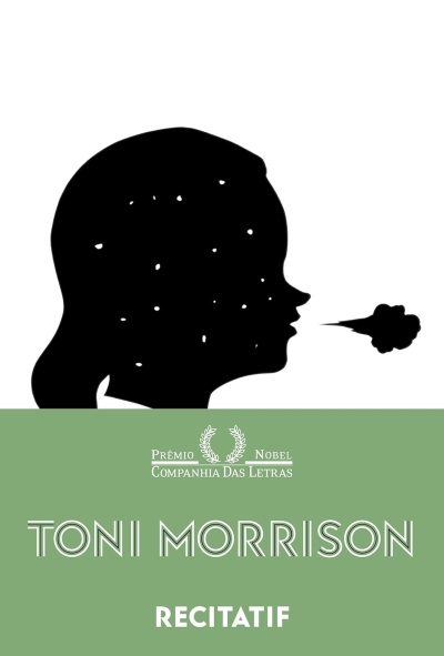 Capa do livro RECITATIF de TONI MORRISON com fundo verde e silhueta preta de rosto a soprar