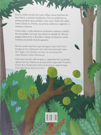 Página de livro com texto e ilustrações de árvores e folhas coloridas.
