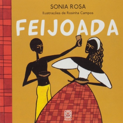 Capa de livro amarelo com ilustração de duas figuras negras e texto FEIJOADA