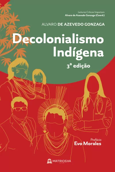 Capa do livro Decolonialismo Indígena 3ª edição com ilustrações estilizadas douradas e fundo verde e vermelho