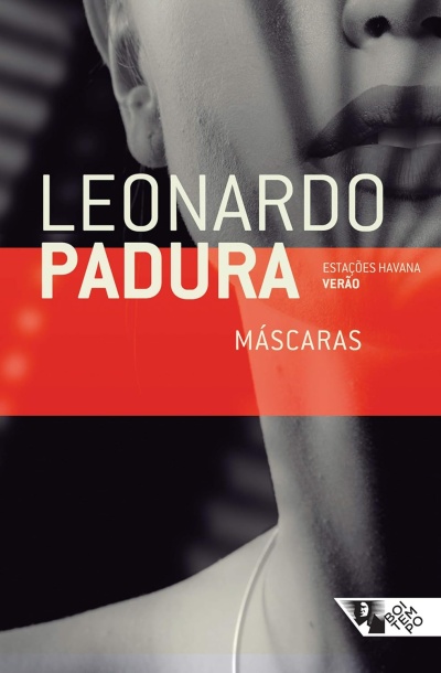 Capa de livro com rosto em preto e branco e texto em branco e vermelho
