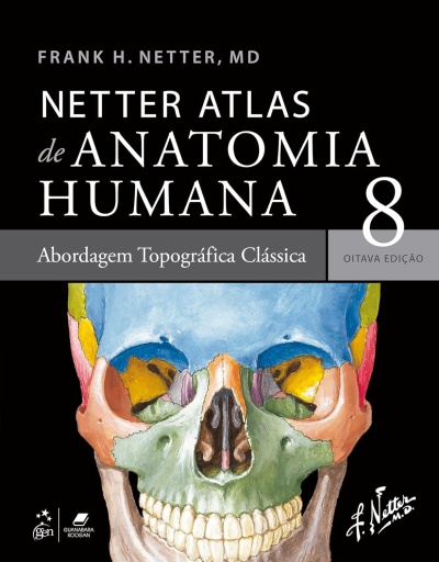 Capa do livro Netter Atlas de Anatomia Humana 8 com ilustração colorida de crânio