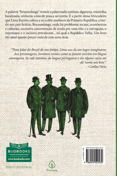 Parte de trás de livro com texto, ilustração de quatro homens com fatos verdes e códigos ISBN e logótipos