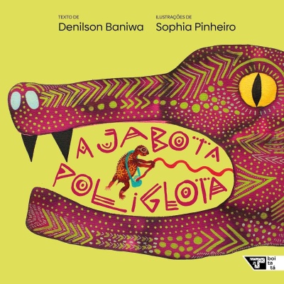 Capa de livro ilustrada com crocodilo e texto em amarelo