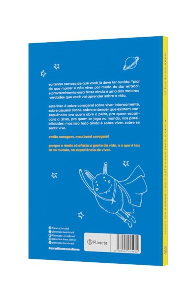 Livro azul com ilustração branca e texto em português na contracapa