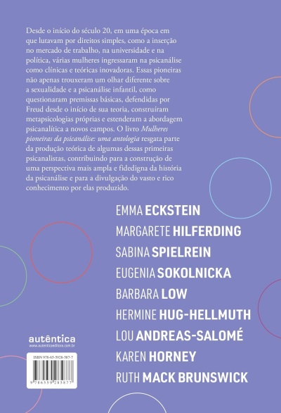 Capa de livro lilás com texto branco e círculos coloridos, lista de nomes e código de barras.