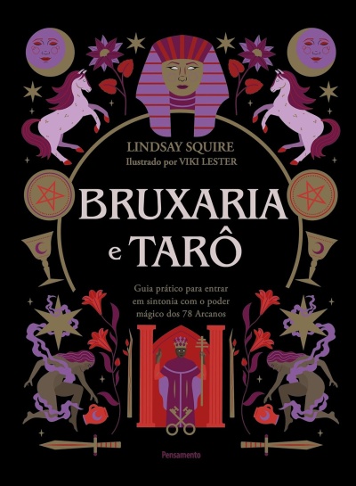 Capa de livro preto com ilustrações místicas e título Bruxaria e Tarô