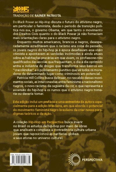 Capa de livro com texto em português sobre ativismo negro e hip-hop, padrão geométrico castanho e amarelo, logotipo PERSPECTIVA