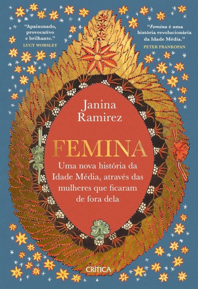 Capa de livro azul com título FEMINA em letras douradas, decorada com flores e moldura dourada e vermelha