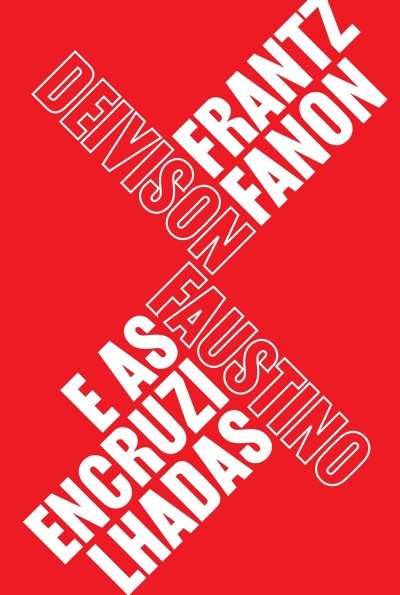 Capa vermelha com nomes em textos brancos formando um X