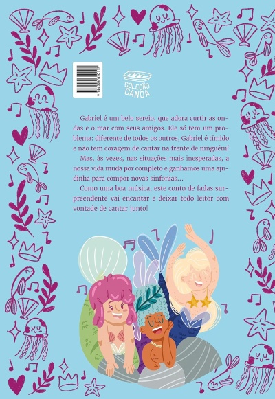 Capa/contracapa de livro infantil azul com ilustrações de sereias coloridas e elementos marinhos em roxo