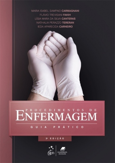 Capa de livro Procedimentos de Enfermagem Guia Prático com luvas médicas brancas e texto de autores