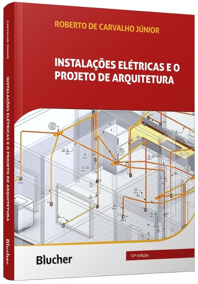 Capa de livro vermelho e branco sobre instalações elétricas e arquitetura.