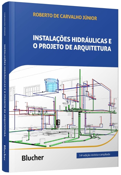 Capa de livro azul com título e esquema hidráulico de projeto arquitetônico.