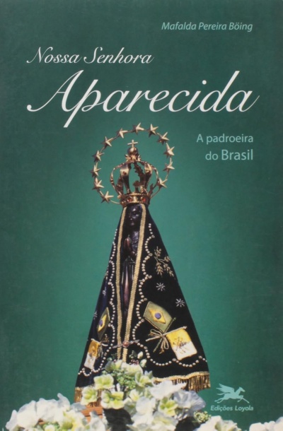 Capa de livro com imagem de Nossa Senhora Aparecida com manto preto e coroa dourada.