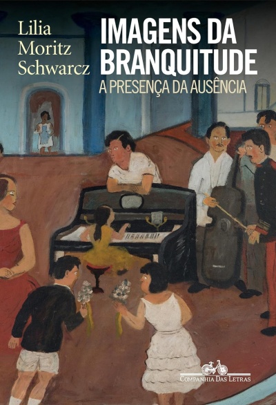 Capa do livro Imagens da Branquitude: A Presença da Ausência com ilustração de pessoas num ambiente interior e piano.