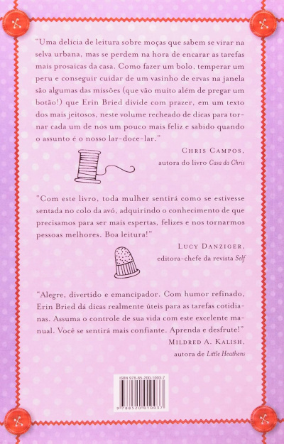 Capa traseira de livro cor-de-rosa com texto em português e ilustrações de costura.
