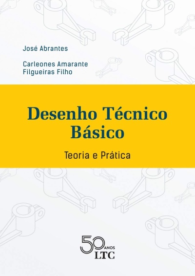 Capa de livro Desenho Técnico Básico com fundo branco e amarelo e ilustrações técnicas