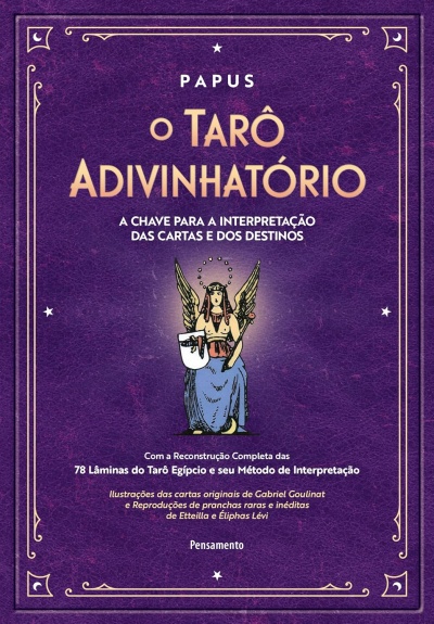 Capa de livro roxa com texto sobre tarô e ilustração de figura alada
