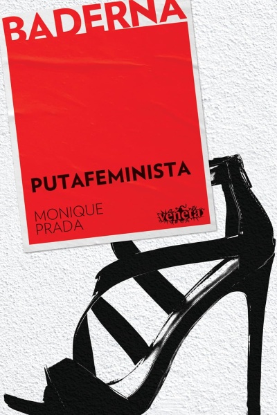 Poster vermelho com texto e sapato de salto alto preto numa parede branca