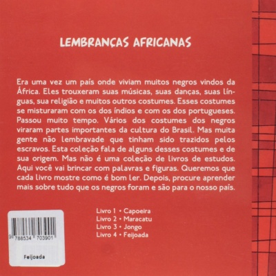Verso de livro vermelho com texto em português sobre cultura africana e lista de livros