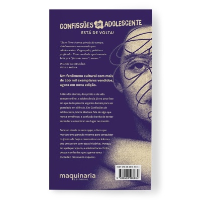 Contracapa de livro roxa com texto em creme e rosto ilustrado parcialmente