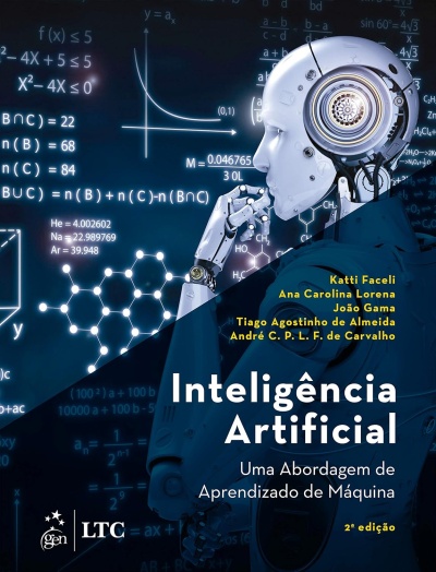 Capa de livro com robô androide branco e texto sobre inteligência artificial em fundo azul escuro