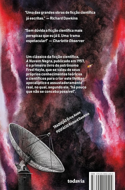 Contracapa do livro A Nuvem Negra com texto em branco e imagem de uma antena parabólica cinzenta em fundo abstrato vermelho e preto
