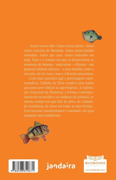 Contracapa de livro com texto e ilustrações de peixes em fundo laranja