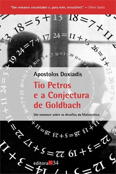 Capa do livro Tio Petros e a Conjectura de Goldbach com fórmulas matemáticas e silhueta de pessoa
