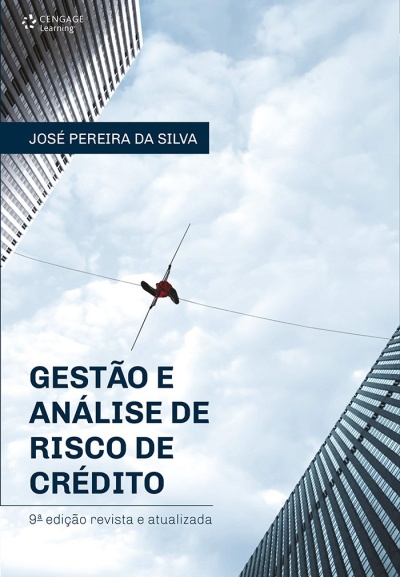 Capa de livro com homem em corda bamba entre edifícios e texto sobre gestão e análise de risco de crédito