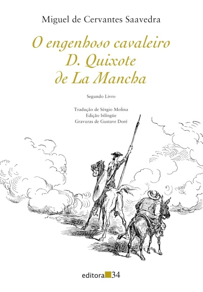 Capa do livro O engenhoso cavaleiro D. Quixote de La Mancha com ilustração a preto e branco de personagens a cavalo.