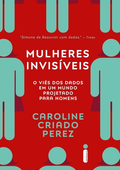 Capa livro Mulheres Invisíveis fundo vermelho com texto e figuras verdes estilizadas.