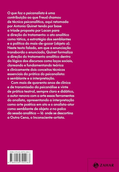 Contra-capa de livro cor de rosa com texto branco e código de barras ISBN.