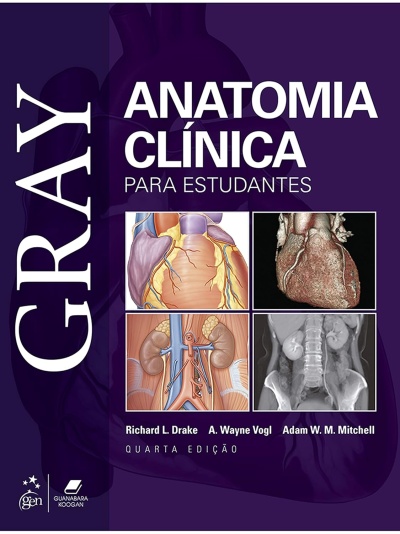 Capa de livro da anatomia clínica para estudantes, com imagens anatómicas e texto em branco sobre fundo roxo