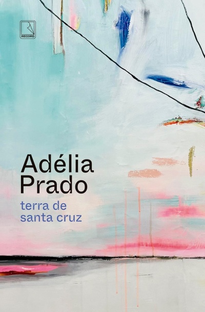 Capa de álbum com fundo abstrato em tons pastel e texto Adélia Prado terra de santa cruz