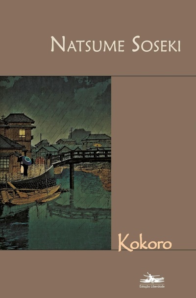 Capa do livro Kokoro de Natsume Soseki com ilustração de cenário japonês em dia de chuva