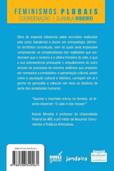 Contracapa azul de livro com texto e logos de editoras.