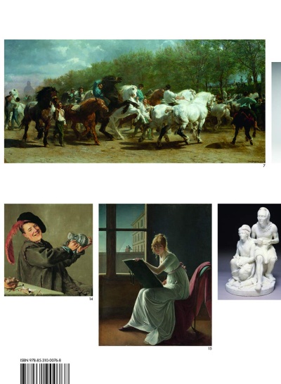 Quatro obras de arte: corrida de cavalos, homem com pena vermelha, mulher desenhando na janela e escultura de figuras humanas.