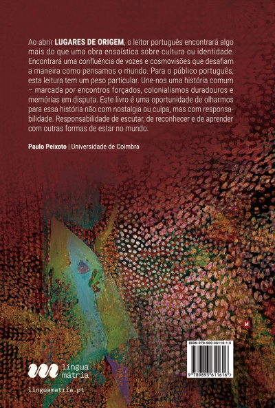 Capa traseira de livro com fundo vermelho e padrões abstratos, texto e códigos