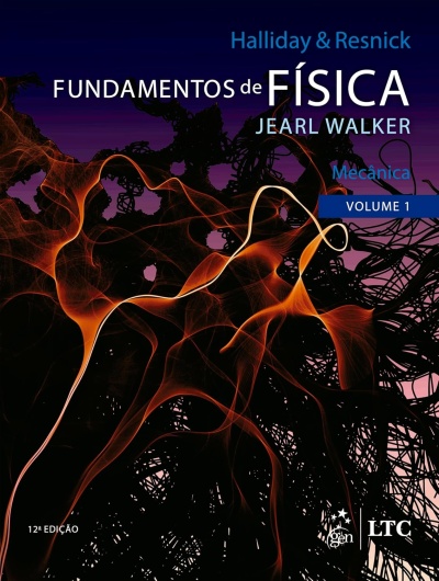 Capa do livro Fundamentos de Física com padrões abstratos em preto e laranja