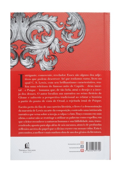 Contra-capa de livro com texto descritivo, padrão floral cinza e design em vermelho e branco