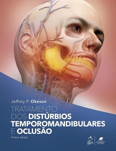 Capa de livro sobre distúrbios temporomandibulares e oclusão com ilustração anatómica de cabeça humana
