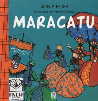 Capa do livro Maracatu com ilustrações coloridas e texto em destaque