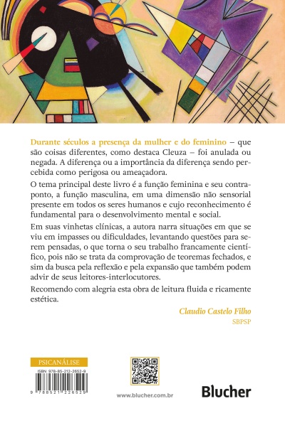 Contra-capa de livro com ilustração abstrata colorida e texto em português.