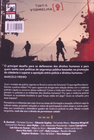 Contracapa do livro TINTA VERMELHA com silhuetas de figuras armadas e tinta vermelha escorrendo.