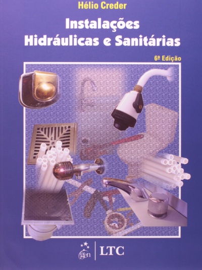 Capa azul de livro com título Instalações Hidráulicas e Sanitárias e imagens de peças hidráulicas