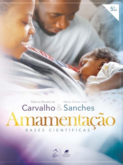 Capa de livro sobre amamentação com fotografia de mãe a amamentar bebé e texto informativo.