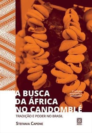 Capa do livro À Busca da África no Candomblé com colares de contas grandes laranja e padrão étnico marrom e bege.